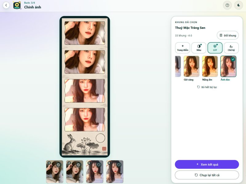 Hướng dẫn chụp photobooth online trên Booth SummerĐây là lúc bạn có thể biến bộ ảnh trở nên sinh động hơn. Công cụ chỉnh sửa hỗ trợ nhiều tùy chọn như trang điểm, điều chỉnh màu, bộ lọc, chèn văn bản...
Bạn có thể thử các hiệu ứng khác nhau, thay đổi màu sắc hoặc thêm chữ để bộ ảnh có điểm nhấn riêng. Khi đã hài lòng, click “Xem kết quả” để xem toàn bộ thành phẩm.